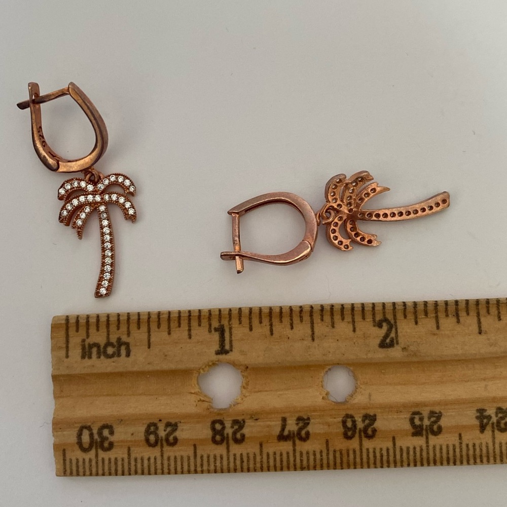 🌴925 Silver palm tree cz dangling hoop earrings 14k rose gold plated - Picture 2 of 3